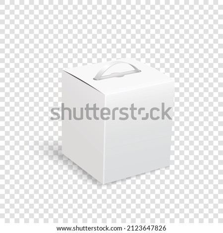 White gift packaging box with handle mockup for cake. Rectangle paperboard packaging container template for corporate branding. 3d vector illustration