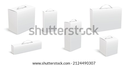 White realistic carton box for design and brand template. Handle package isolated on transparent background. Retail pack cardboard briefcase for delivery, storage. Vector illustration