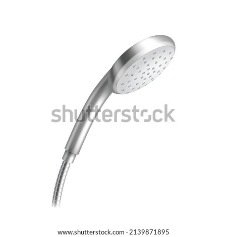 Shower metal head, showerhead, massage bath equipment. Bathing and showering care tool isolated on white background. 3d realistic vector illustration