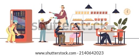 School cafeteria canteen interior with schoolchildren buying food and sitting at tables in dining hall after classes. Kids eating lunch in school. Cartoon flat vector illustration