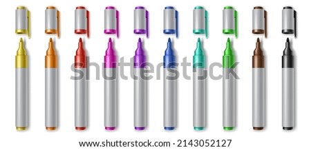 Realistic colorful permanent markers with open caps, drawing pen palette. Stationery highlighters set. Children and artist painting tools colors 3d collection. Vector illustration