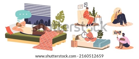 People suffer from insomnia. Unhappy sleepless men and women need rest tired sleeplessness at night and sleeping disorder. Depression and tiredness concept. Cartoon flat vector illustration