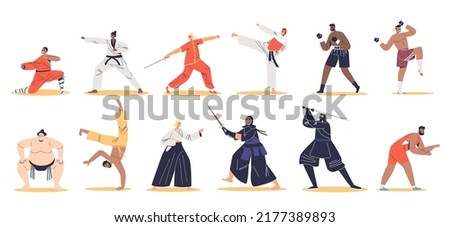 Set of asian martial art fighters. Karate, akido, taekwondo, kung fu, sambo, sumo, boxing, kickboxing, wushu and muay tai wrestlers performing. Cartoon flat vector illustration Stock foto © 