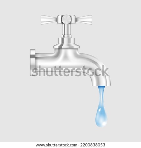 Realistic silver water tap with drop. Chrome steel faucet with dripping water isolated on gray background. Bathroom accessories element. Vector illustration