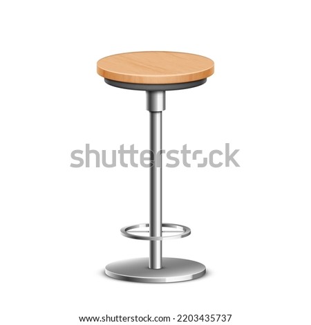 Realistic 3d wooden bar chair on high metal leg for kitchen, bistro and cafe interior isolated on white background. Modern bar or pub stool. Vector illustration