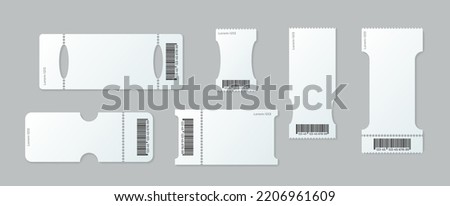 Blank ticket mockup. White tickets with barcodes, empty coupon and admit one ticket template set. Vouchers with tear off elements and identification. Control pass item. Vector illustration