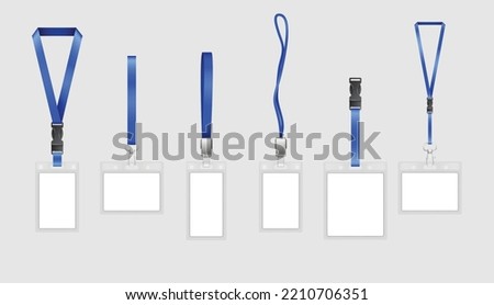 Clear plastic badges id cards holders collection with blue neck lanyards and retractable reel clip realistic. Card keys and employee personal permission template mockups. 3d vector illustration