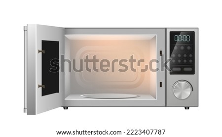 Realistic microwave with open door. Modern kitchen appliance. Domestic electronic household equipment with control panel. Electrical stove for cooking, heating or defrosting food. Vector illustration