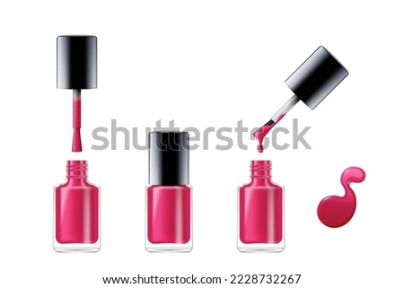 Nail polish realistic set. Red paint for manicure and pedicure opened and closed bottle with lid, brush and enamel drop on white background. 3d vector illustration