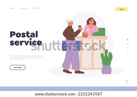 Postal service concept of landing page with older woman at post office paying bills or buying stamp and envelope to sent letter mail. Female client paying for postage. Cartoon flat vector illustration