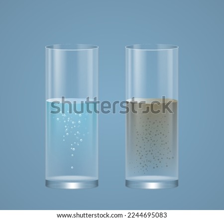 Glasses of dirty and pure water before and after filtration isolated on blue background. Drinking water purification with filters concept. Realistic vector illustration