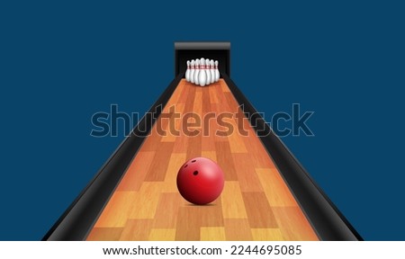 Red ball on bowling alley hitting skittles, dynamic set. Realistic element for leisure or bowling tournament concept. 3d vector illustration