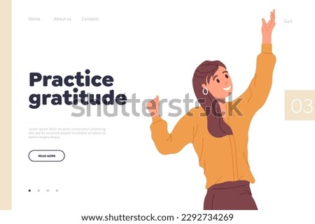 Practice gratitude landing page design template with flat woman character improving good mood