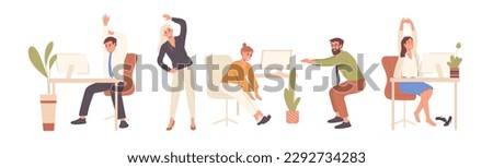 Set of people office worker doing active physical exercises during break time to get rest and relax