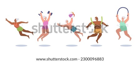 Old people senior man and woman swimming in pool enjoying water exercises and active lifestyle set
