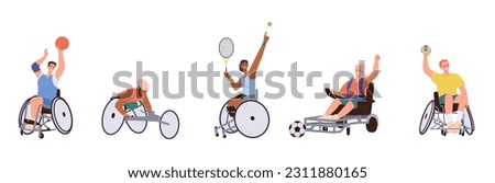 Sports on wheelchairs set with people playing basketball, tennis, football, volleyball and racing
