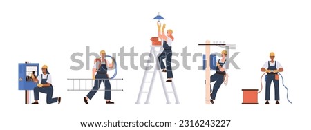 Set of electricians and installers people cartoon characters working to repair electrical equipment