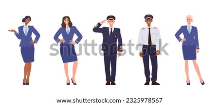 Set of aircraft crew staff and team members characters standing isolated on white background
