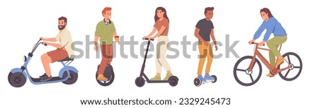 Set of diverse people cartoon character riding personal electric vehicle isolated on white