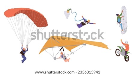 Extreme sport set people skydiving, freestyle motocross, rope or bungee jumping, rock climbing