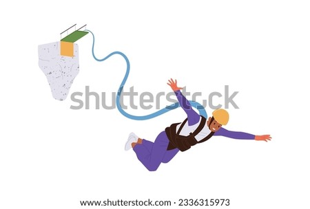 Brave sportsman wearing helmet enjoying rope or bungee jumping isolated on white background