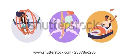 Isolated set of round composition with happy excited people riding amusement park attraction