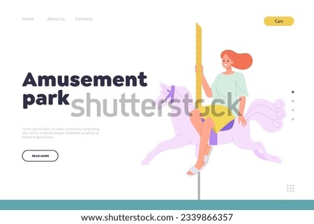 Amusement park landing page template with happy young woman riding marry-go-round carousel design