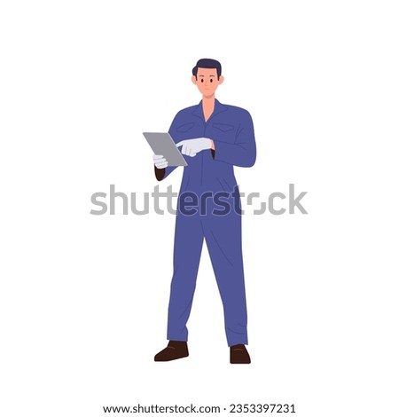 Auto mechanic cartoon character holding mobile tablet using maintenance digital app for diagnostics