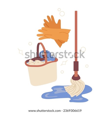 Floor washing and cleaning item vector illustration, set of bucket with water, mop and gloves