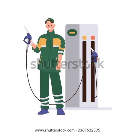 Man refueler worker cartoon character providing car service at gas station isolated on white