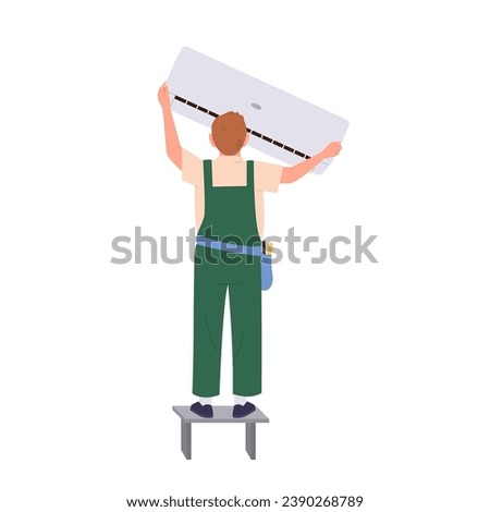 Technician worker cartoon character installing wall air conditioner isolated on white background