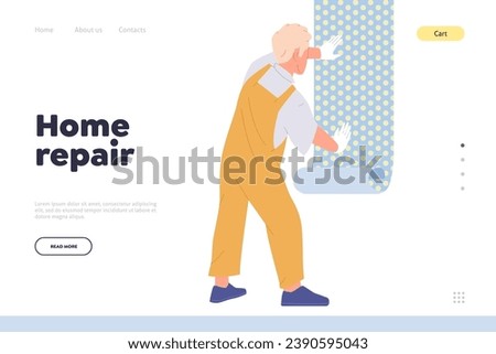 Home repair service online landing page template with craftsman character applying wallpaper