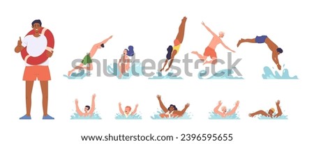 Safeguard man with equipment and people jumping, swimming, drowning in water set isolated on white