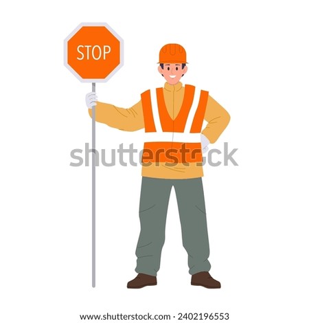 Road worker cartoon character wearing uniform holding warning caution sign stop isolated on white