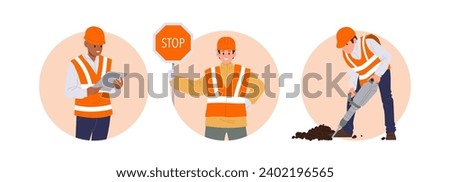 Isolated round icon composition with professional road workers cartoon characters performing repair