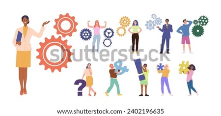 People holding different elements set man and woman with cog wheels, question, exclamation point