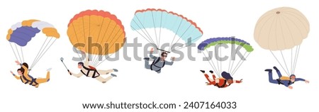 Man and woman skydivers cartoon characters jumping and falling with parachutes flying in sky set