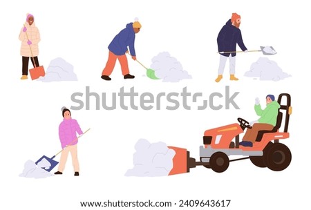 People isolated cartoon characters cleaning territory of snow using shovel and snow dump tractor