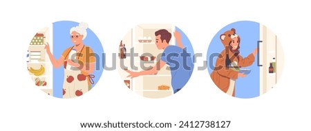 Isolated round composition set with people cartoon character looking at opened kitchen refrigerator