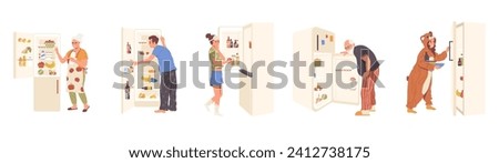 Different people cartoon characters looking at refrigerator searching snack to eat or food to cook