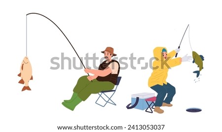 Adult man isolated cartoon character enjoying winter and summer fishing catching fish with rode