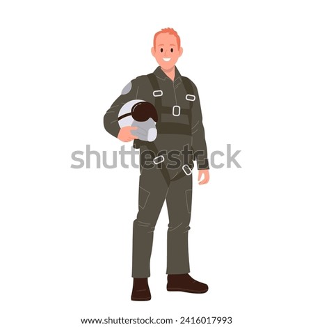 Military man pilot of air force cartoon characters wearing uniform holding helmet isolated on white