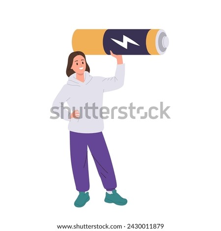 Cheerful woman freelancer tiny cartoon character holding battery accumulator isolated on white