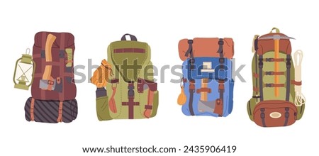 Touristic bags, travel backpacks, hiking knapsacks with supplies and survival equipment isolated set