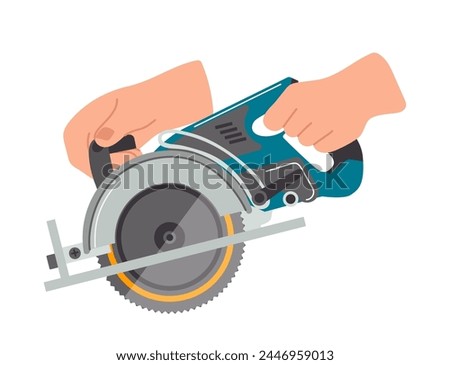 Cordless electric circular saw in handyman hand vector illustration isolated on white background