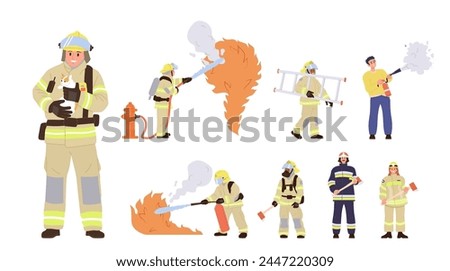 Firefighters cartoon characters in protective uniform at work big set isolated on white background