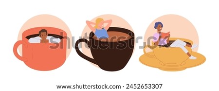 Isolated round icon composition set with happy relaxed people cartoon characters in giant cup
