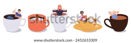 Diverse people cartoon characters sitting in giant coffee cups set isolated on white background