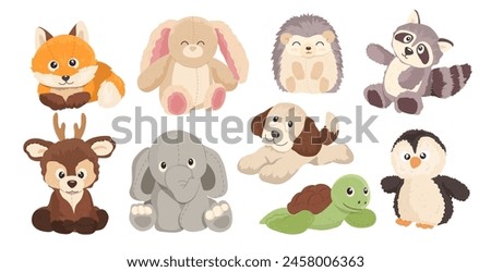 Cute cartoon soft animals, different plush toys for children set isolated on white background