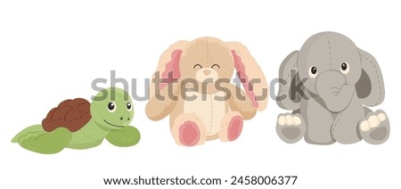 Cute cartoon turtle, bunny, elephant stuffed animal plush baby toys set isolated on white background